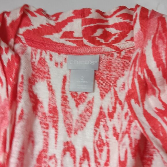 Chicos Size 2 Large Shirt Open Front Cardigan Salmon Orange White Knit Linen Top - Picture 3 of 9